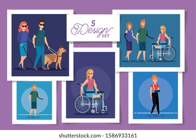 set five designs of people disabled vector illustration design