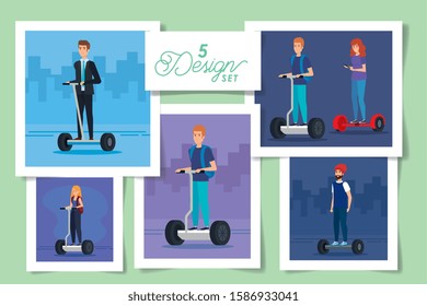 set five designs of people in electric skateboards vector illustration design