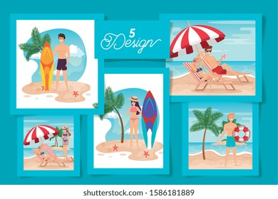 set of five designs summer scenes with people vector illustration design