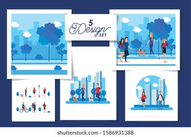 set five designs of young people with park and cityscape scenes vector illustration design