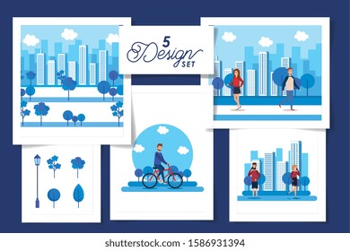 set five designs of young people with cityscapes vector illustration design
