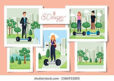 set five designs of young people in electric skateboards vector illustration design