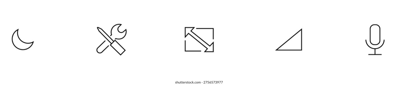 A set of five different black line icons on a white background including a crescent moon, wrench and screwdriver crossed over each other, two overlapping arrows in a square, a right triangle, and a microphone