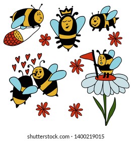 Set of five different cute bees: isolated items on the white background. 