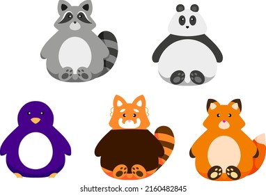 A set of five different fat stuffed animals sitting and looking straight. Raccoon, penguin, panda, red panda and fox. Flat vector illustration isolated on a white background.