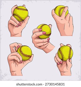 Conjunto de cinco diferentes agarres de mano femeninos que sostienen softball amarillo para varios lanzamientos como recta, cambio, bola de hielo, curva y caída curva