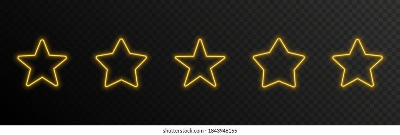 A set of five different festive glowing stars. Yellow stars with neon illumination isolated on a dark background. Vector illustration.