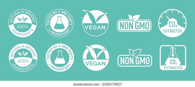 A set of five different flat design icons in two versions: Natural and organic, Tested by a third party laboratory, Vegan, Non GMO, and CO2 extracted.