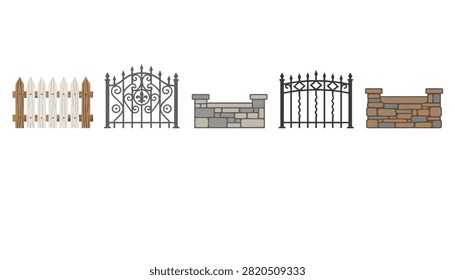 Set of five different garden fences and gates including wooden picket, ornamental iron, stone, and brick options.