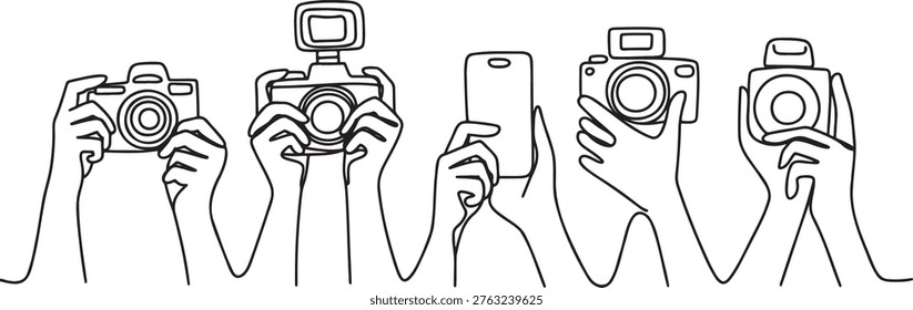 Set of five different hands depicting photography action holding DSLR camera instant camera and mobile phone for capturing memories or social media sharing visual