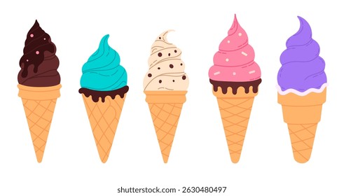 Set of five different ice cream cones with colorful swirls in a row on white background, ideal for dessert and summer-themed design