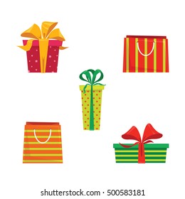 Set of five different isolated Christmas gifts. Vector illustration