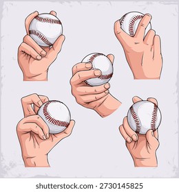 Conjunto de cinco diferentes agarraderas de mano masculinas que sostienen el béisbol para varios lanzamientos como bola rápida de cuatro costuras, bola de dos costuras, bola curva, cambio y deslizador.