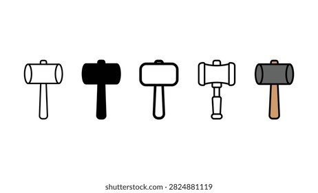 Set of five different mallet hammer icon designs for construction and carpentry projects
