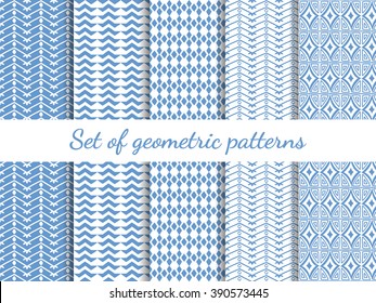 Set of five different monochrome geometrical seamless patterns.Ornaments can be used for printing onto fabric and paper  wallpaper and pattern fills or web page background and surface textures.
