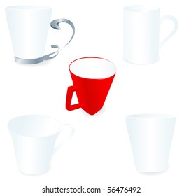 set of five different mugs over white