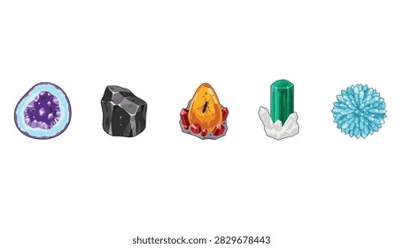 Set of five different natural minerals and colorful gemstones including amethyst emerald and amber vector illustration.