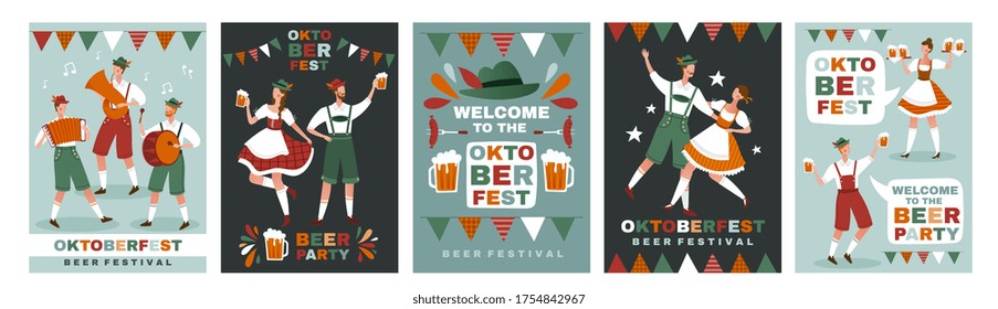 Set aus fünf verschiedenen Plakatdesigns des Oktoberfests, die Menschen in traditionellen bayerischen Bekleidungspflegepaaren zeigen, farbige Vektorgrafik