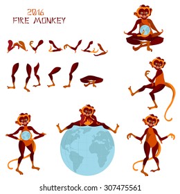 Set of five different poses Monkey - symbol of the New Year 2016. Parts of body template for design work and animation. Funny cartoon character. Vector illustration. Isolated on white background.