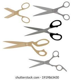 Set of five different scissors for the office, tailor shop and hairdressing salon. Tool.