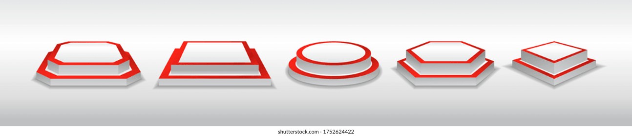 Set of five different shaped realistic 3d podiums with red accents in a line on graduated grey background, colored vector illustration