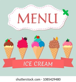 A set of five different sweet ice cream with red ribbon for menu design. Flat style, vector illustration.