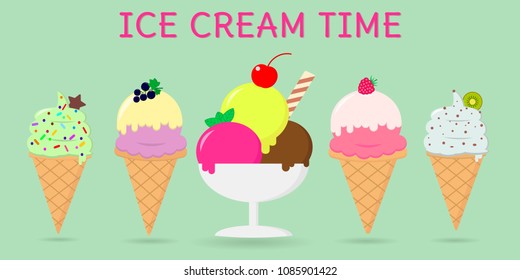 A set of five different sweet ice cream on a background with text. Flat style, vector illustration.