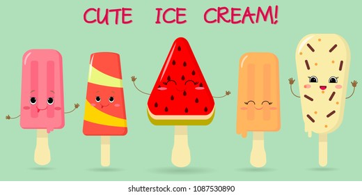 A set of five different sweet ice cream smiley on a background with text. Cartoon Style. Flat , vector illustration.