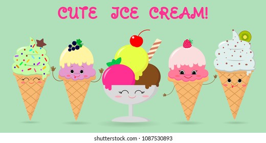 A set of five different sweet ice cream smiley on a background with text. Cartoon Style. Flat , vector illustration.