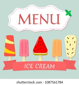 A set of five different sweet ice cream with red ribbon for menu design. Flat style, vector illustration.