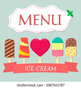A set of five different sweet ice cream with red ribbon for menu design. Flat style, vector illustration.