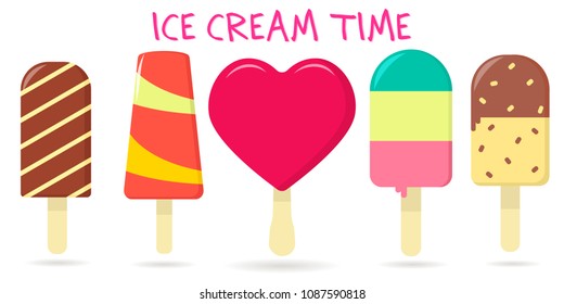 A set of five different sweet ice cream on a background with text. Flat style, vector illustration.