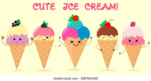 A set of five different sweet ice cream smiley on a background with text. Cartoon Style. Flat , vector illustration.