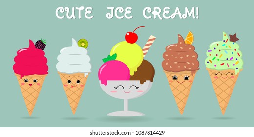 A set of five different sweet ice cream smiley on a background with text. Cartoon Style. Flat , vector illustration.