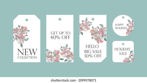 Set of five different tags with floral background. the design used hibiscus and gumamela flowers made in a line art style. Design for discount cards and sales.