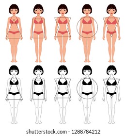 set of five different types of female body shapes, different typ