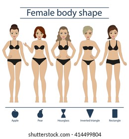 Set of five different types of female figures - hourglass, apple, pear, rectangle, inverted triangle. Vector.