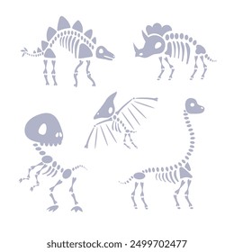 Set of five dinosaur skeletons standing on two legs with bones visible