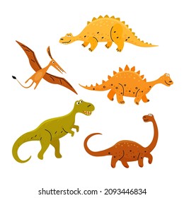 Set of five Dinosaurs cartoon cute characters. Vector color isolated illustration on white background in flat style with lines.	