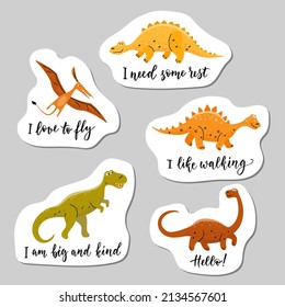 Set of five Dinosaurs cartoon cute characters stickers. Vector color illustration in flat style with lines.	