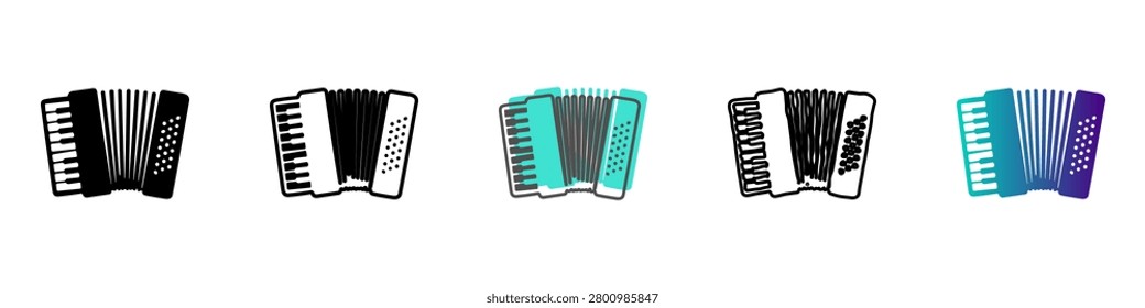 A set of five distinct accordion illustrations, showcasing different artistic interpretations of the musical instrument