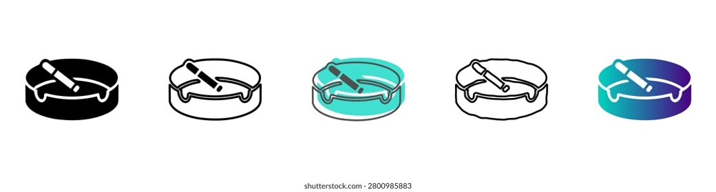 A set of five distinct ashtray icons, each featuring a cigarette, presented in various artistic styles including solid black, outline, and gradient