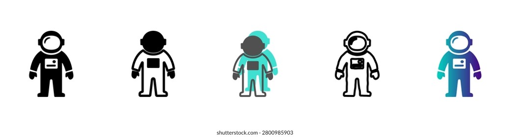 A set of five distinct astronaut icons, each rendered in a unique style and color palette, symbolizing space travel and scientific endeavors