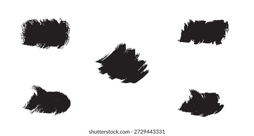 Un conjunto de cinco texturas de pinceladas negras distintas, cada una con una forma y estilo de aplicación únicos, presentados sobre un fondo blanco limpio.