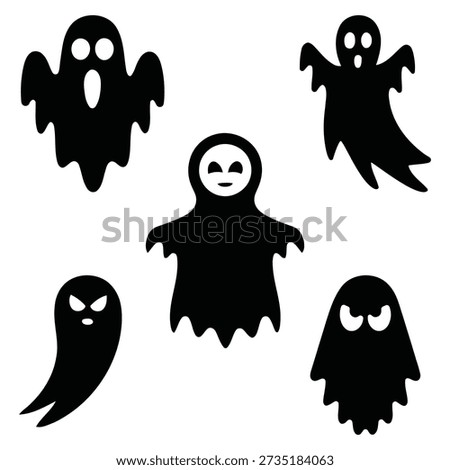 A set of five distinct black ghost shapes in various poses and expressions, perfect for Halloween decoration, spooky theme, or scary event design elements.