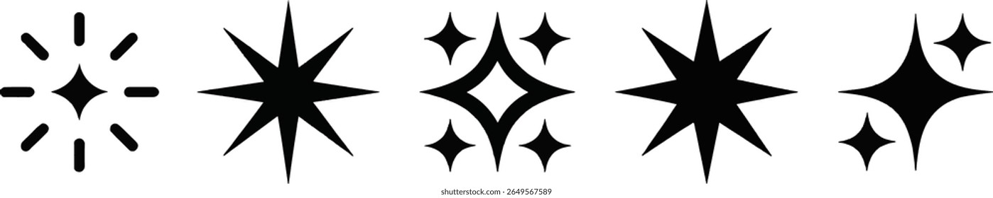 Um conjunto de cinco elementos gráficos pretos distintos, incluindo explosões estelares, brilhos e uma forma de diamante, apresentados sobre um fundo branco.