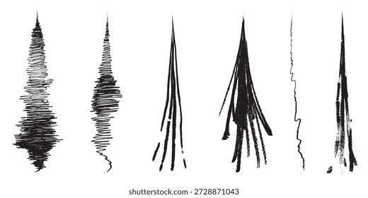 Un conjunto de cinco Elementos de pinceladas abstractas en blanco y negro distintos, que varían en textura y densidad, presentados sobre un fondo blanco.