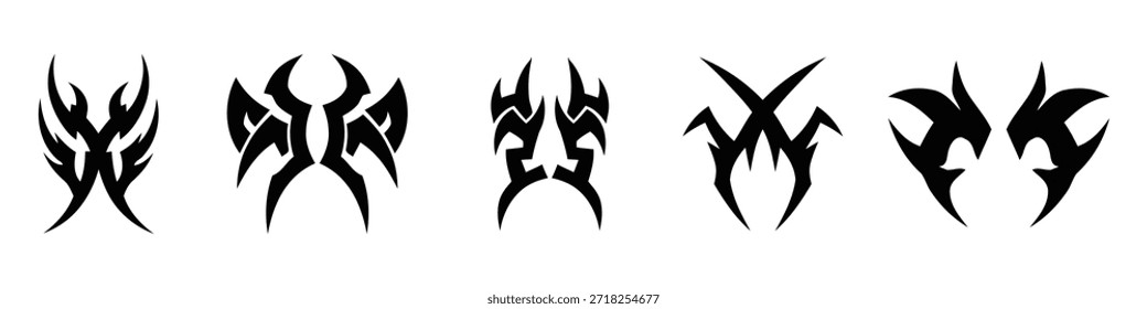 Eine Reihe von fünf verschiedenen Logos oder Symbolen im Gothic- oder Stammesstil in Schwarz auf weißem Hintergrund mit scharfen und abstrakten Designs