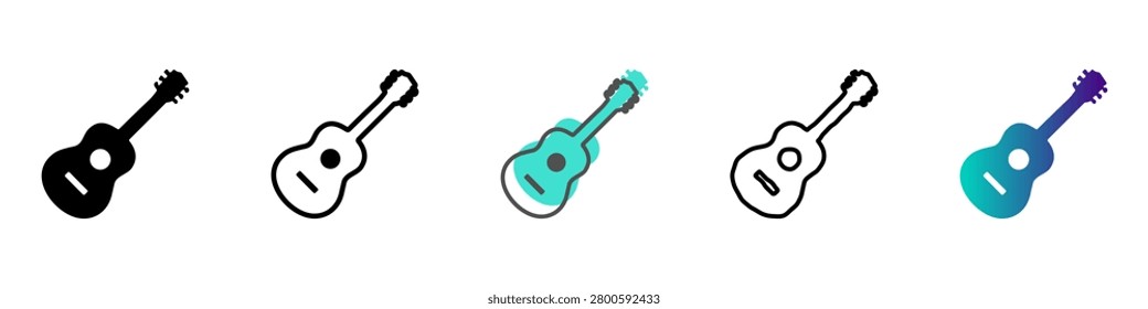 A set of five distinct graphic representations of stringed instruments, showcasing different design aesthetics and color palettes
