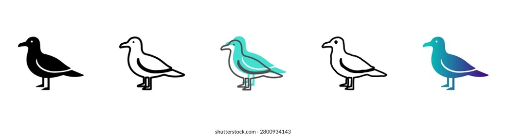 A set of five distinct graphic representations of a seagull, showcasing different artistic styles and color palettes for versatile design applications
